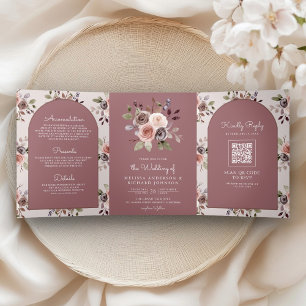 Invitation Trois Volets Code QR floral taupe neutre mariage rose poussiére