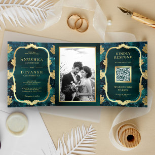 Invitation Trois Volets Code QR Galaxie sarcelle Lotus Or Mariage Indien