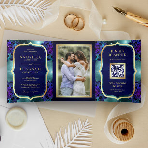 Invitation Trois Volets Code QR Mandala Bleu Galaxie Sarcelle Mariage Indi