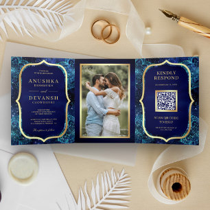 Invitation Trois Volets Code QR Mandala Galaxie Bleu Royal Mariage Indien