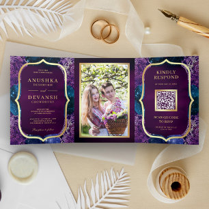 Invitation Trois Volets Code QR Mandala Violet Galaxie Bleue Mariage Indie