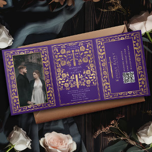 Invitation Trois Volets Code QR Mariage d'épée médiévale violette