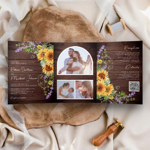 Invitation Trois Volets Code QR Mariage Lavande Tournesols Bois Rustique