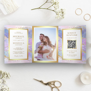 Invitation Trois Volets Code QR Mariage Marbre Agate Rose Lavande Or