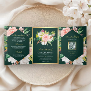 Invitation Trois Volets Code QR mariage or floral rose vert émeraude