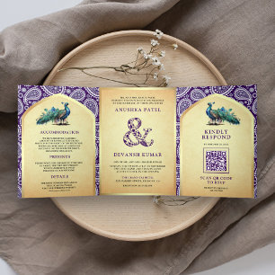Invitation Trois Volets Code QR Mariage Paon Indien à Paisley Violet