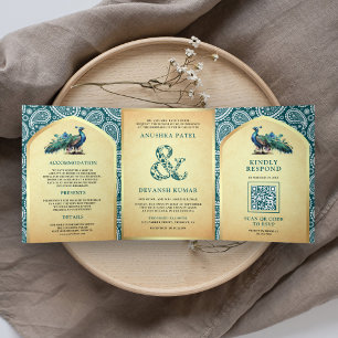 Invitation Trois Volets Code QR Mariage Paon Indien Paisley Sarcelle