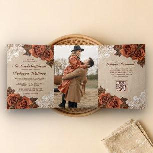 Invitation Trois Volets Code QR Mariage Rose Terracotta Poussiéreuse Burla