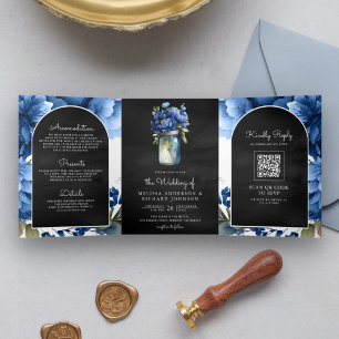Invitation Trois Volets Code QR Mariage Royal Bleu Floral Bocal Noir