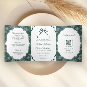 Invitation Trois Volets Code QR Mariage Ruban Coquette Blanc Émeraude