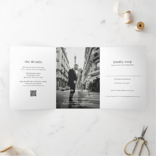 Invitation Trois Volets Code QR photo de mariage moderne minimal