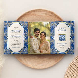 Invitation Trois Volets Code QR Photo Mariage Indien Broderie Or Bleu Roya