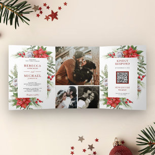 Invitation Trois Volets Code QR Poinsettia Rustique Noël Mariage