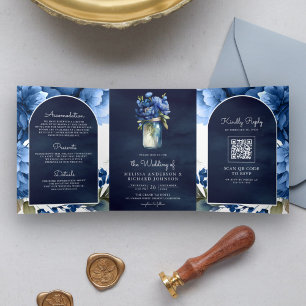 Invitation Trois Volets Code QR Royal Blue Floral Mason Jar Mariage Navy