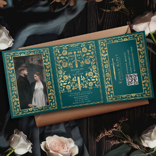 Invitation Trois Volets Code QR turquoise Royal Medieval Sword Mariage