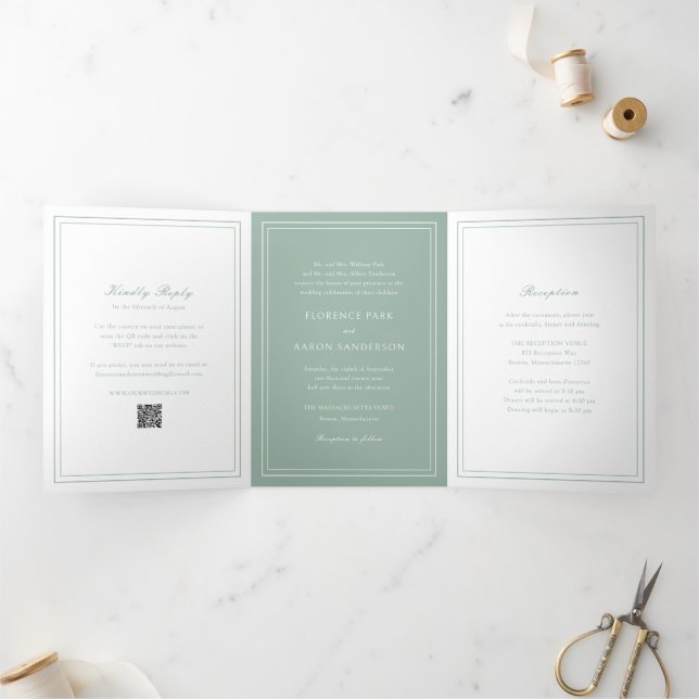 Invitation Trois Volets Code QR vert Sage traditionnel Mariage intemporel (Intérieur)