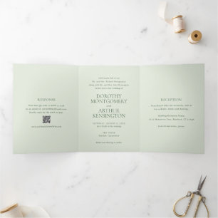 Invitation Trois Volets Code QR Vert Sauge Élégant Mariage Moderne