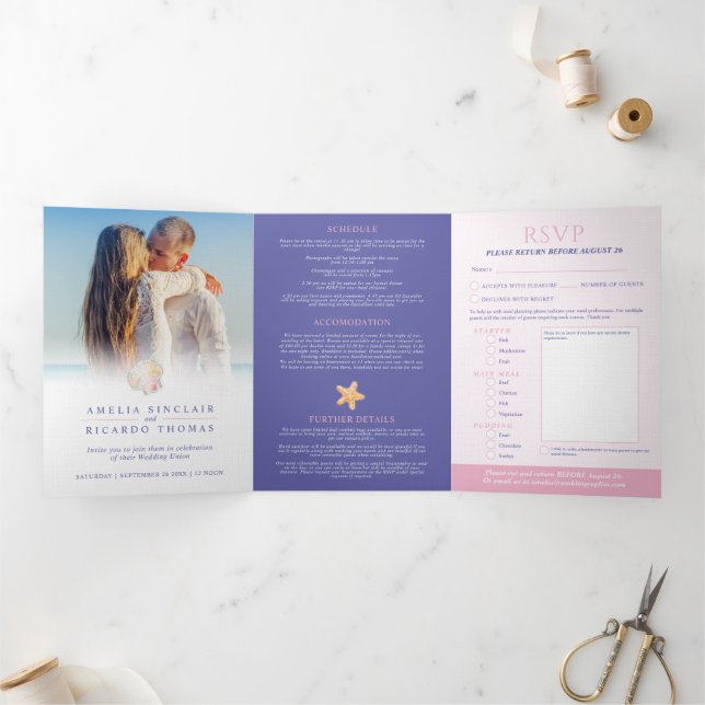 Invitation Trois Volets Coeur art aquarelle plage mariage (Intérieur)