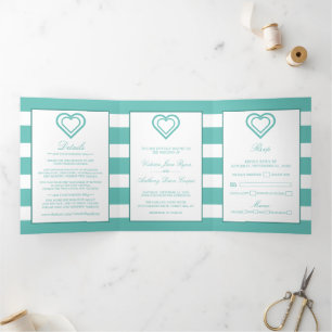 Invitation Trois Volets Coeur chic, suite Mariage Turquoise rayée