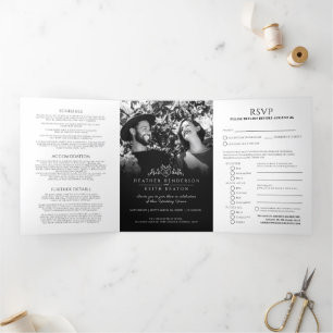 Invitation Trois Volets Coeur de feuille de monogramme noir blanc mariage 