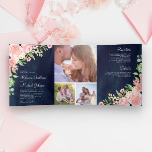 Invitation Trois Volets Collage photo floral rose pâle Marine Mariage bleu