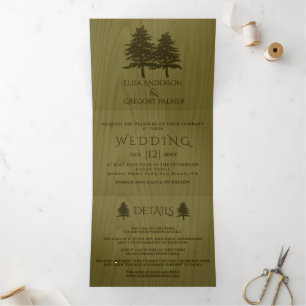 Invitation Trois Volets Conifères boisés, bois vert mariage rustique
