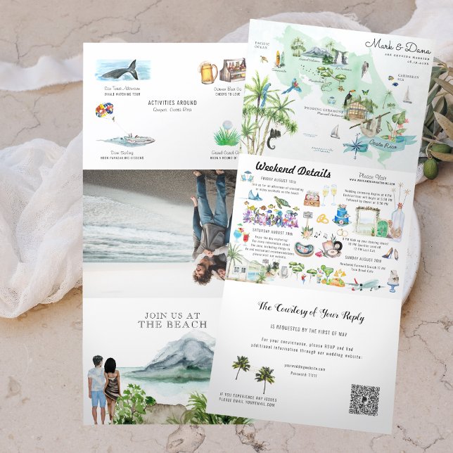 Invitation Trois Volets Costa Rica | Itinéraire de mariage de destination (Créateur téléchargé)