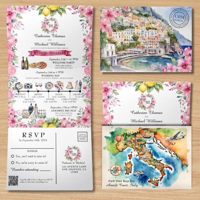 Invitation Trois Volets Côte d'Amalfi Italie Aquarelle Destination Mariage (Créateur téléchargé)