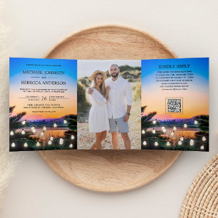 Invitation Trois Volets Coucher de soleil tropical sur la plage Photo Code
