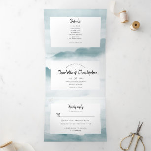 Invitation Trois Volets Couleur d'eau bleu azur tout en un mariage