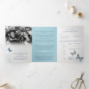 Invitation Trois Volets Couleurs mariages de papillons bleus tout-en-un