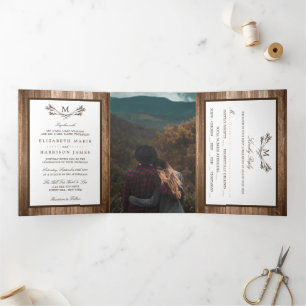 Invitation Trois Volets Country Rustic Monogram Branche & Mariage bois