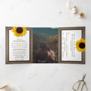 Invitation Trois Volets Country Rustic Sunflower & Burlap Suite Mariage