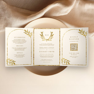 Invitation Trois Volets Couronne de laurier doré Feuilles Crème Mariage