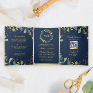 Invitation Trois Volets Couronne de mariage Code QR Bleu Navy Or Eucalyptu