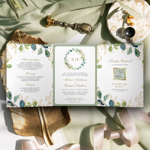 Invitation Trois Volets Couronne de mariage en eucalyptus rustique avec co