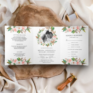 Invitation Trois Volets Couronne de mariage florale rose blush Magnolia bl