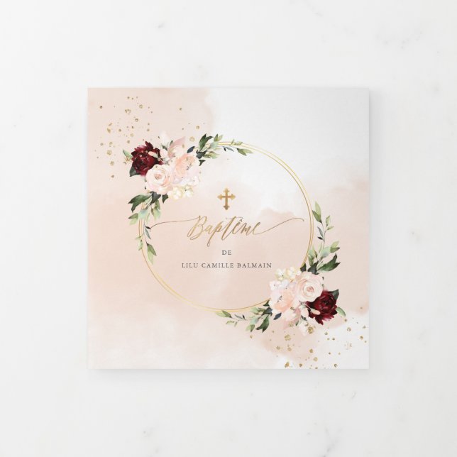 Invitation Trois Volets Couronne de Roses Aquarelle, Bapteme (Protection)