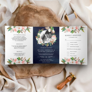 Invitation Trois Volets Couronne florale rose blush Magnolia mariage marin