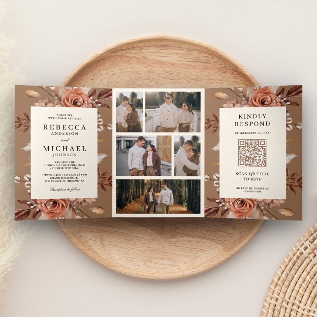 Invitation Trois Volets Cream Terracotta Floral QR Code Beige Tan Wedding (Créateur téléchargé)