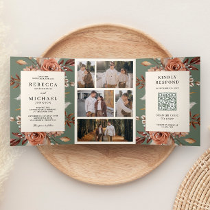 Invitation Trois Volets Crème Terracotta Floral Code QR Vert Sauge Mariage