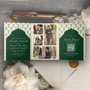Invitation Trois Volets Crème verte émeraude Ikat robe indienne de mariage