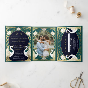 Invitation Trois Volets Cygnes de mariage Art Nouveau élégant