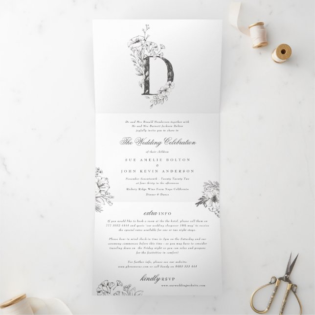 Invitation Trois Volets 'D' Monogramme Beau Mariage floral croisé (Intérieur)