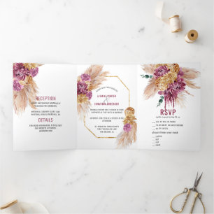 Invitation Trois Volets Dahlias Rose Bourgogne Pampas Fleurs séchées Grass