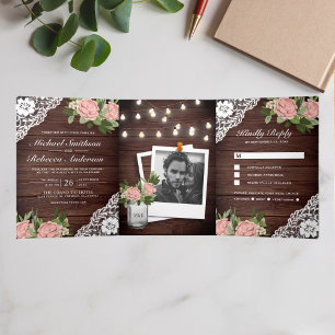 Invitation Trois Volets Dentelle en bois Dusty rose Rose String Mariage