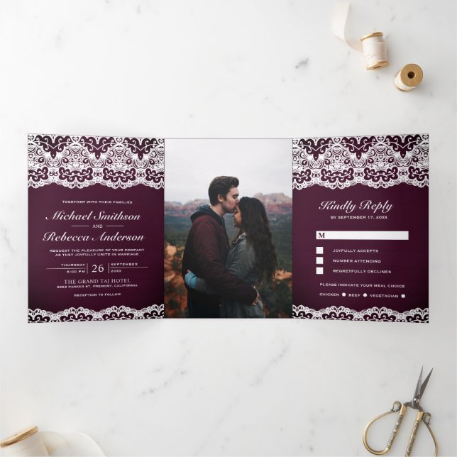 Invitation Trois Volets Dentelle tout en un Mariage (Intérieur)