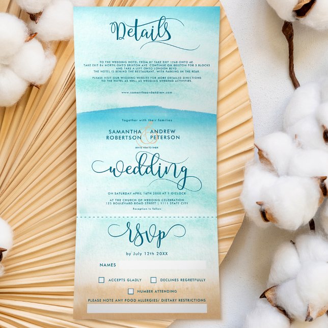 Invitation Trois Volets Destination été plage chic script mariage Tri- (Créateur téléchargé)