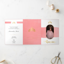 Invitation Trois Volets Deux Photo Gold et Rose Rose Quinceanera