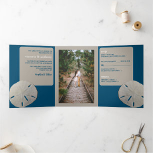 Invitation Trois Volets Dollar de sable, Mariage Ocean Blue Beach